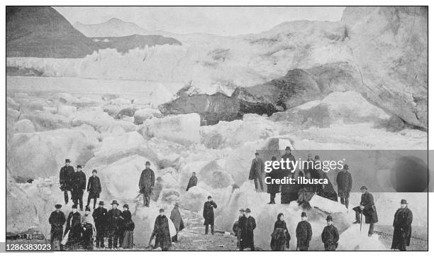 antique black and white photo of the united states: tourists at muir glacier - glacier lagoon stock illustrations