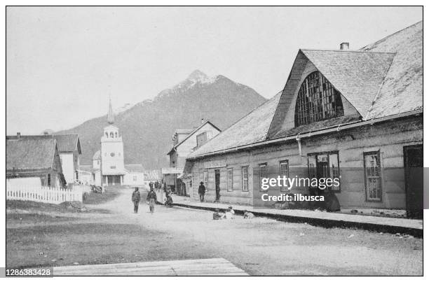 antique black and white photo of the united states: trading post and greek church, sitka, alaska - greek orthodox stock illustrations