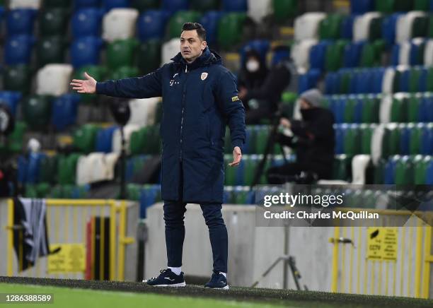 Mirel Radoi, Head Coach of Romania gives their team instructions during the UEFA Nations League group stage match between Northern Ireland and...