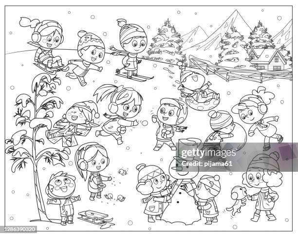 black and white, winter kids activities. snow games, smiling little girls and boys in winters clothes fun outdoors - colouring stock illustrations