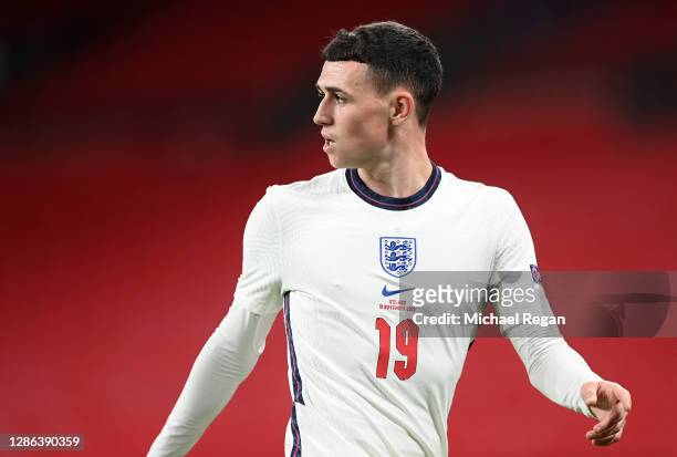 Phil Foden of England looks on during the UEFA Nations League group stage match between England and Iceland at Wembley Stadium on November 18, 2020...