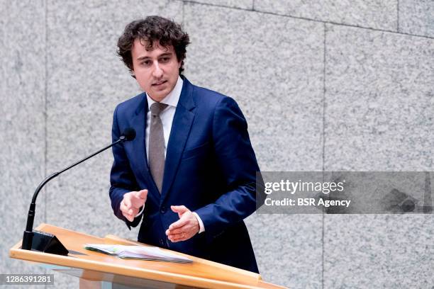 GroenLinks leader Jesse Klaver seen during the plenary debate in the Tweede Kamer parliament regarding the coronavirus measures on November 18, 2020...