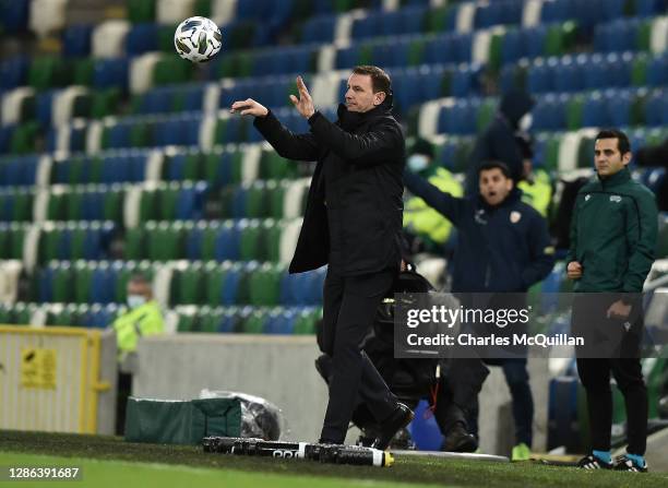 Mirel Radoi, Head coach of Romania throws the ball back into play during the UEFA Nations League group stage match between Northern Ireland and...