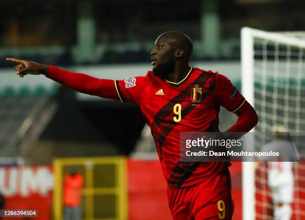 Romelu Lukaku of Belgium celebrates after scoring their team's third goal during the UEFA Nations League group stage match between Belgium and...
