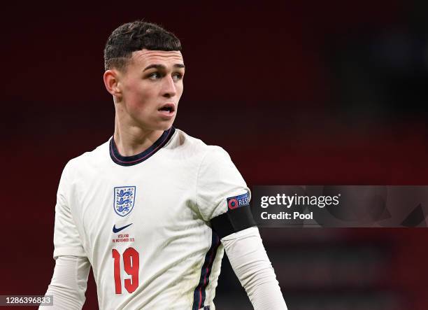 Phil Foden of England looks on during the UEFA Nations League group stage match between England and Iceland at Wembley Stadium on November 18, 2020...