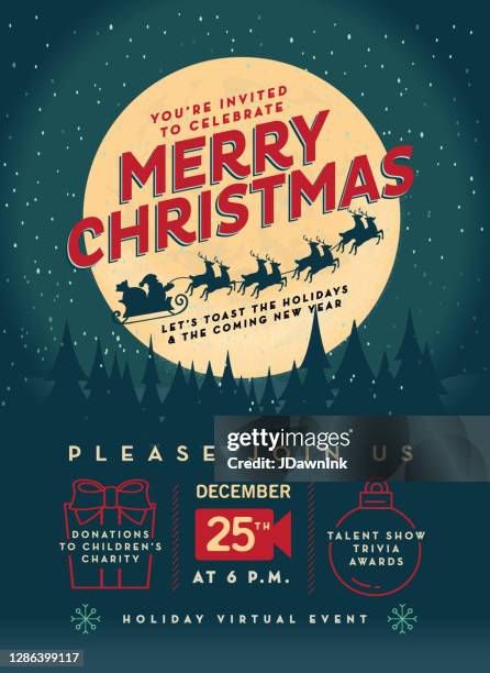 stockillustraties, clipart, cartoons en iconen met merry christmas virtual event partij uitnodiging poster advertentie ontwerp sjabloon - feest en gedenkdagen