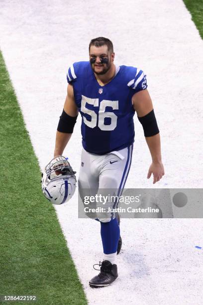 Quenton Nelson of the Indianapolis Colts walks off the field after the game against the New York Jets at Lucas Oil Stadium on September 27, 2020 in...