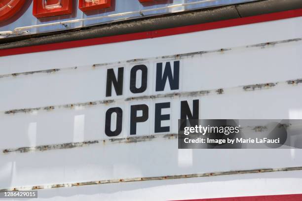 now open marquee sign - diner at the highway stock pictures, royalty-free photos & images