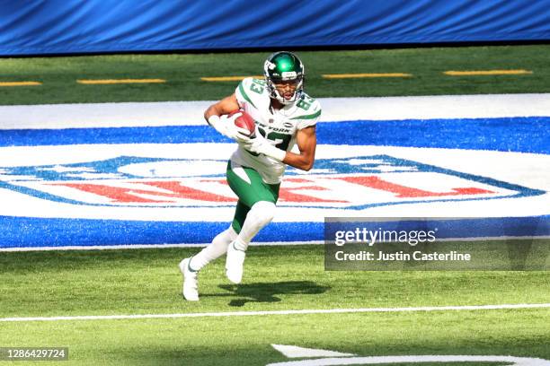 Josh Malone of the New York Jets runs the ball in the game against the Indianapolis Colts at Lucas Oil Stadium on September 27, 2020 in Indianapolis,...