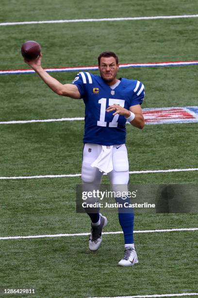 Philip Rivers of the Indianapolis Colts warms up before the game against the New York Jets at Lucas Oil Stadium on September 27, 2020 in...