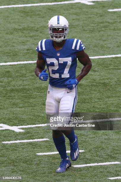 Xavier Rhodes of the Indianapolis Colts on the field before the game against the New York Jets at Lucas Oil Stadium on September 27, 2020 in...