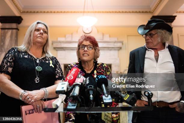 Sonya Rockhouse, Anna Osborne and Rowdy Durbridge speak to media at the tenth anniversary of Pike River Mine disaster held at Legislative Council...