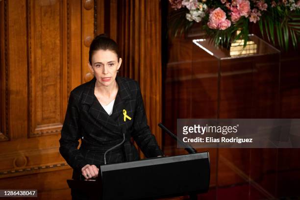 Prime Minister Jacinda Ardern speaks at the tenth anniversary of Pike River Mine disaster held at Legislative Council Chamber at Parliament on...