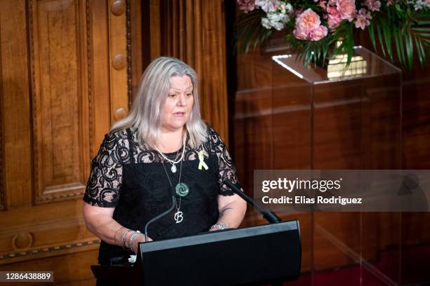 Sonya Rockhouse Speaks at the tenth anniversary of Pike River Mine disaster held at Legislative Council Chamber at Parliament on November 19, 2020 in...