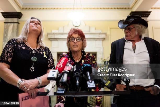 Sonya Rockhouse, Anna Osborne and Rowdy Durbridge speak to media at the tenth anniversary of Pike River Mine disaster held at Legislative Council...