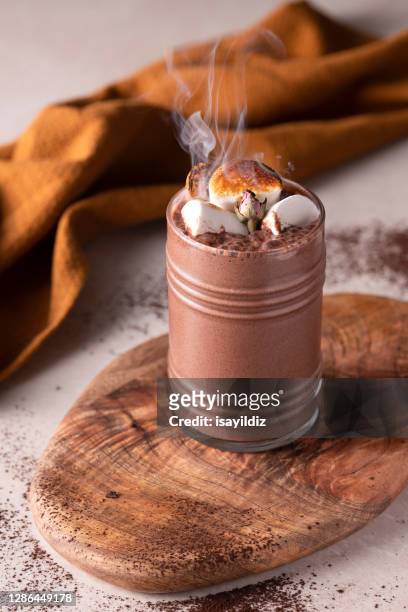 ett glas kall choklad med marshmallow. - chocolate smoothie bildbanksfoton och bilder