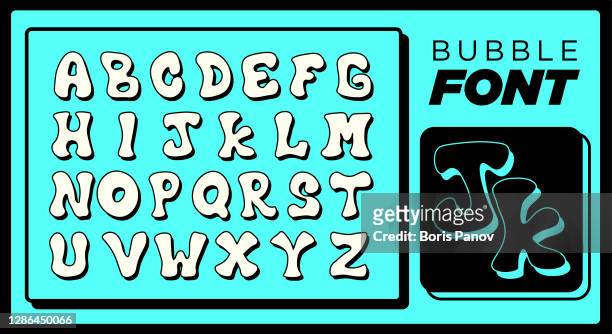 bubble font typescript in fun and unique comic style for quirky liquid designs including full alphabet letters - latin script stock illustrations