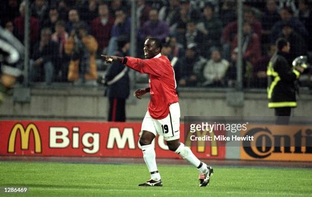 Dwight Yorke of Manchester United celebrates his goal against Juventus during the UEFA Champions League semi-final second leg match at the Stadio...