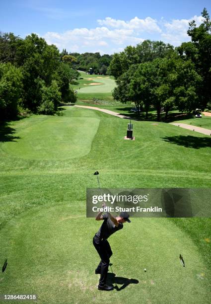 Wilco Nienaber of South Africa hits his tee-shot on the ninth hole during Day One of the Joburg Open at Randpark Golf Club on November 19, 2020 in...