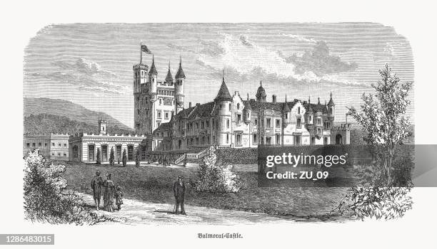balmoral castle, royal deeside, aberdeenshire, scotland, wood engraving, published 1893 - royal deeside stock illustrations