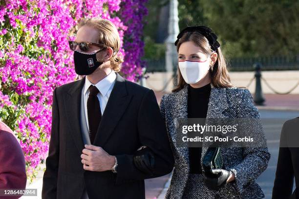 Andrea Casiraghi and Tatiana Santo Domingo arrive at the Monaco cathedral to attend a mass during the Monaco National day celebrations on November...