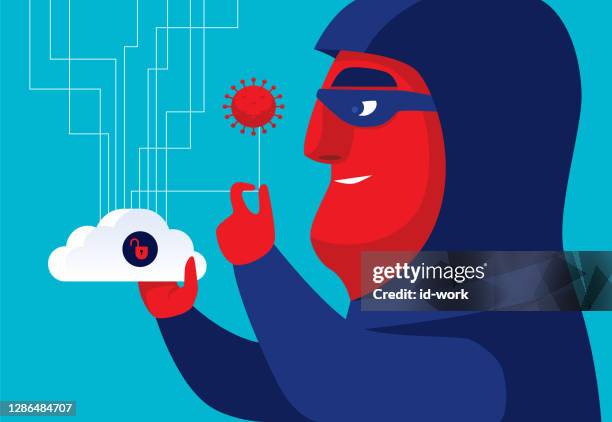 hacker with unsafe cloud computer and virus - software release stock illustrations