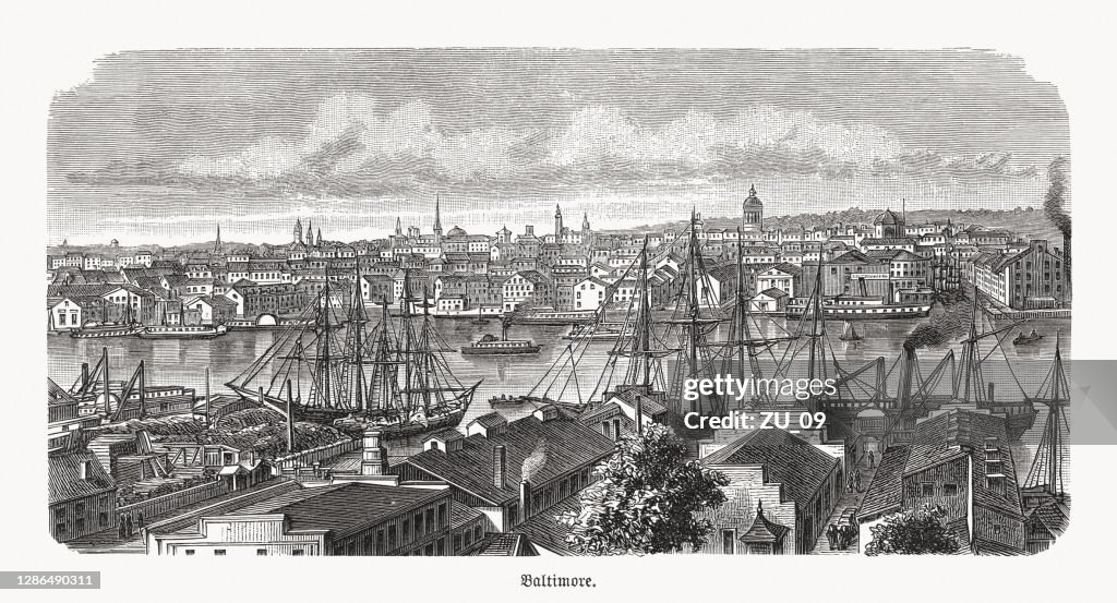 Vista histórica de Baltimore, Maryland, EUA, gravura de madeira, publicada em 1893
