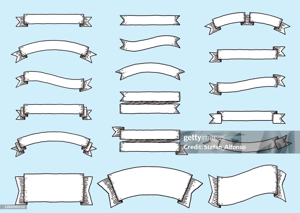 Set of hand drawn ribbons and labels