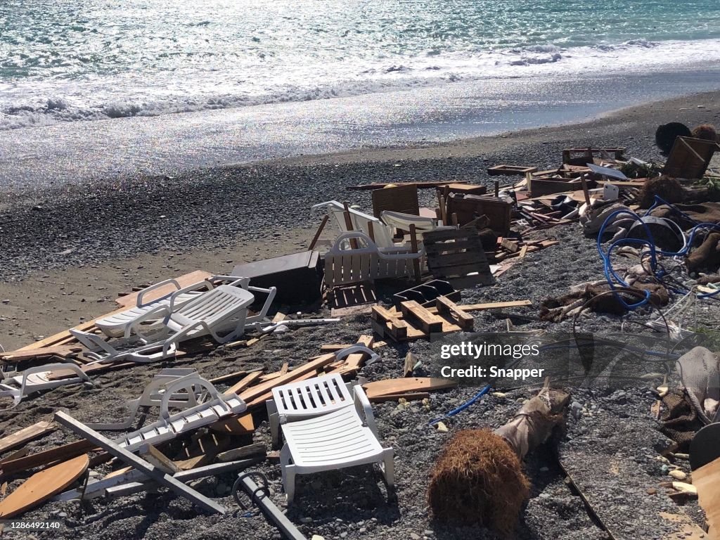 Wreckage on beach after a storm, Nice, Alpes-Maritimes, France