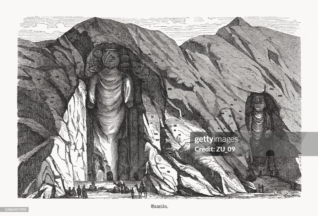 Buddhas of Bamiyan, Bamyan valley, Afghanistan, wood engraving, published 1893