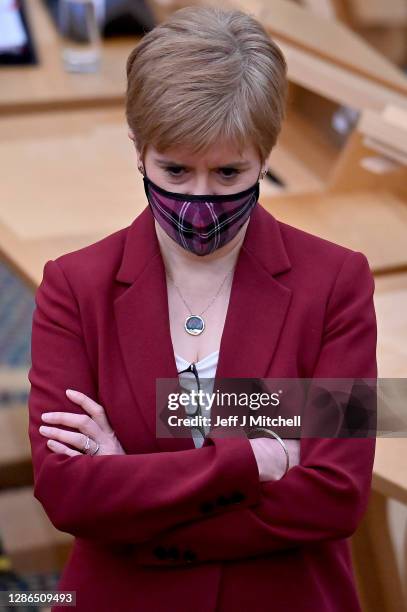 First Minister Nicola Sturgeon attends First Minister's Questions at the Scottish Parliament on November 19, 2020 in Edinburgh, Scotland. The First...