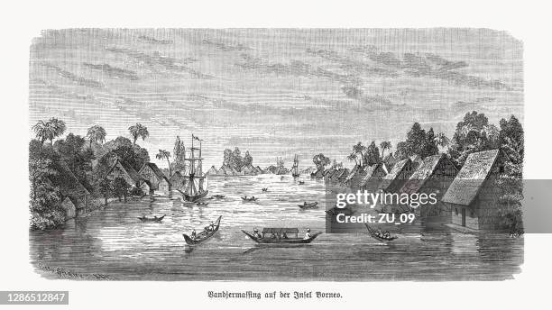 banjarmasin in south kalimantan (borneo), wood engraving, published in 1893 - south kalimantan stock illustrations