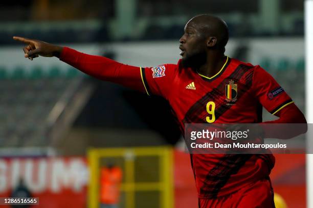 Romelu Lukaku of Belgium celebrates scoring his teams third goal of the game during the UEFA Nations League group stage match between Belgium and...