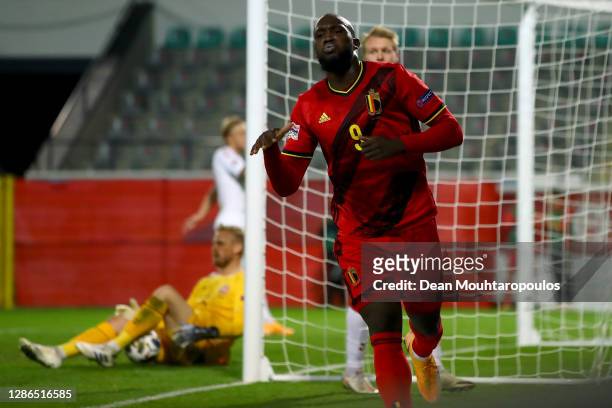 Romelu Lukaku of Belgium celebrates scoring his teams third goal of the game during the UEFA Nations League group stage match between Belgium and...