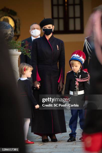 Princess Gabriella of Monaco, Princess Charlene of Monaco and Crown Prince Jacques of Monaco attend the celebrations marking Monaco's National Day at...