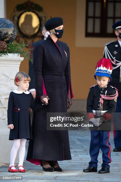 Princess Gabriella of Monaco, Princess Charlene of Monaco and Crown Prince Jacques of Monaco attend the celebrations marking Monaco's National Day at...