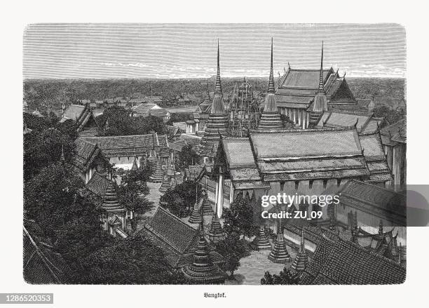 stockillustraties, clipart, cartoons en iconen met historische luchtmening van bangkok (thailand), houten gravure, gepubliceerd 1893 - thai temple