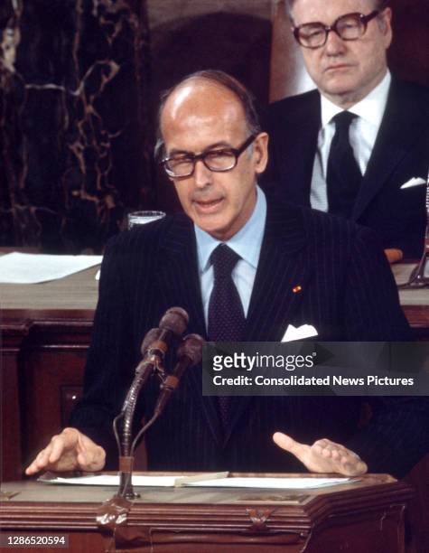 French President Valery Giscard d'Estaing addresses a joint session of Congress in the House Chamber at the US Capitol, Washington DC, May 18, 1976....