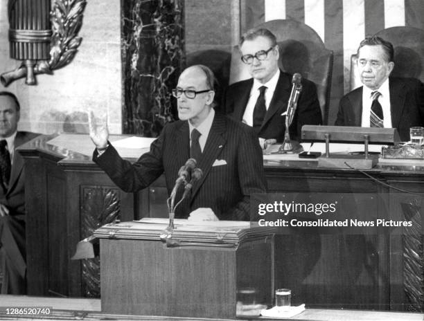 French President Valery Giscard d'Estaing addresses a joint session of Congress in the House Chamber at the US Capitol, Washington DC, May 18, 1976....