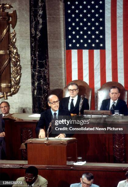 French President Valery Giscard d'Estaing addresses a joint session of Congress in the House Chamber at the US Capitol, Washington DC, May 18, 1976....