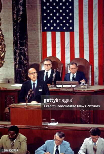 French President Valery Giscard d'Estaing addresses a joint session of Congress in the House Chamber at the US Capitol, Washington DC, May 18, 1976....