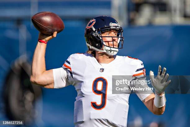 Nick Foles of the Chicago Bears throws a pass during a game against the Tennessee Titans at Nissan Stadium on November 08, 2020 in Nashville,...