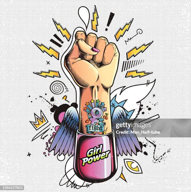 girl power fist. raised hand - womens rights stock illustrations