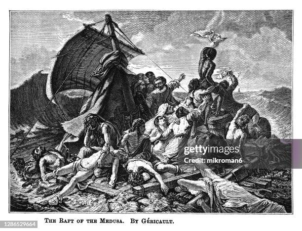 old engraved illustration of the raft of the medusa by théodore géricault - medusa stock pictures, royalty-free photos & images