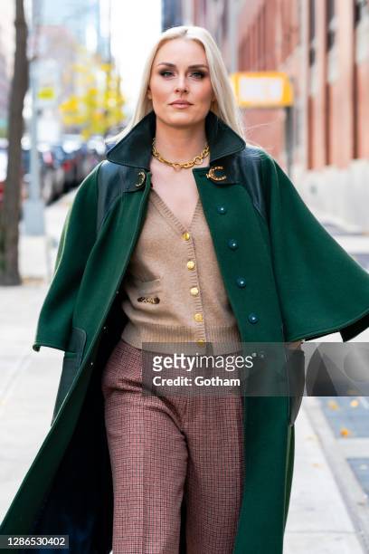 Lindsey Vonn is seen promoting her new show “The Pack” wearing Gucci in Midtown on November 19, 2020 in New York City.