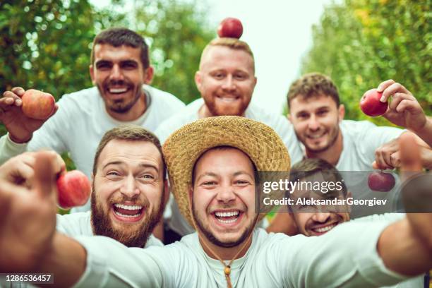 apple récolte selfie par sourire funny friends - agriculteur selfie photos et images de collection