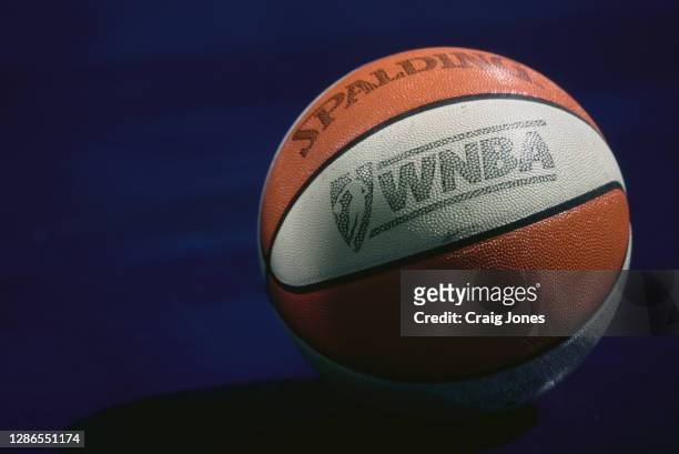 The official Spalding basketball used for the WNBA Western Conference basketball game between the Los Angeles Sparks and the Charlotte Sting on 21st...