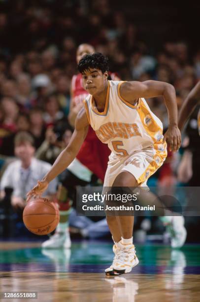 Latina Davis, Guard for the University of Tennessee Lady Volunteers dribbles the basketball downcourt during the NCAA Division I Women's Final Four...