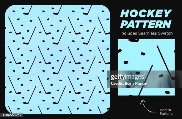 ice hockey pattern on light blue ice background with hockey stick and puck texture - puck texture stock illustrations