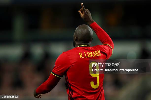 Romelu Lukaku of Belgium celebrates scoring his teams second goal of the game during the UEFA Nations League group stage match between Belgium and...